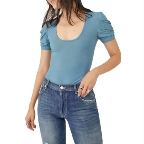 Free People Tops - FREE PEOPLE ~ Blue body suit with pleated sleeves